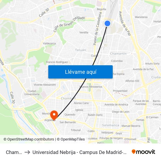 Chamartín to Universidad Nebrija - Campus De Madrid-Princesa - Edificio D map