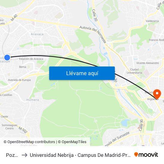 Pozuelo to Universidad Nebrija - Campus De Madrid-Princesa - Edificio D map