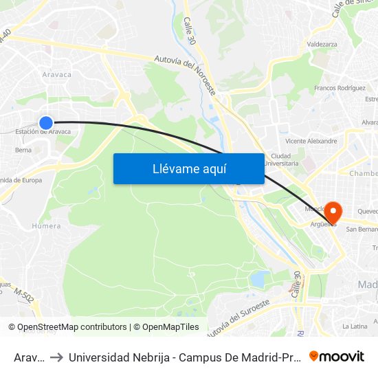 Aravaca to Universidad Nebrija - Campus De Madrid-Princesa - Edificio D map