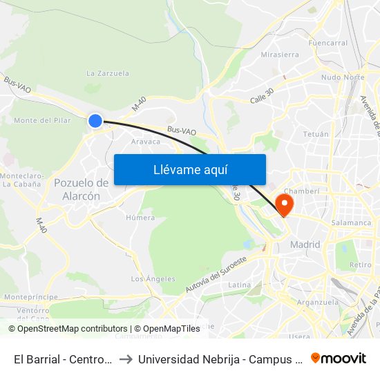 El Barrial - Centro Comercial Pozuelo to Universidad Nebrija - Campus De Madrid-Princesa - Edificio D map