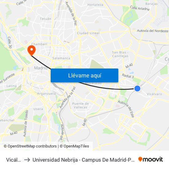 Vicálvaro to Universidad Nebrija - Campus De Madrid-Princesa - Edificio D map