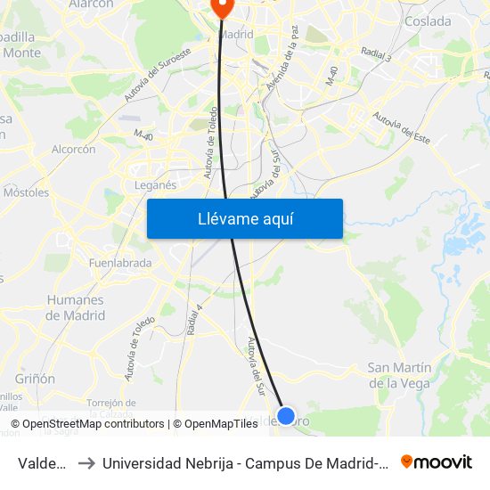 Valdemoro to Universidad Nebrija - Campus De Madrid-Princesa - Edificio D map