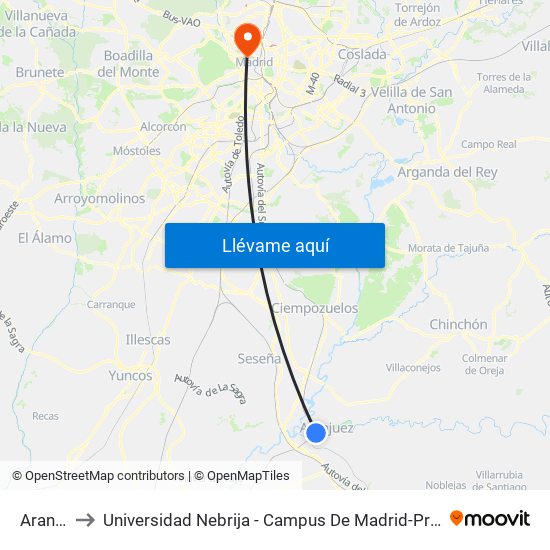 Aranjuez to Universidad Nebrija - Campus De Madrid-Princesa - Edificio D map