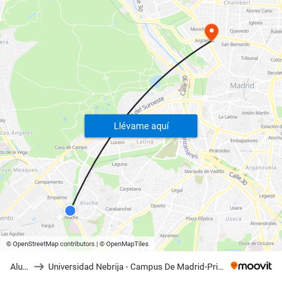 Aluche to Universidad Nebrija - Campus De Madrid-Princesa - Edificio D map