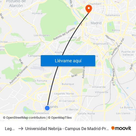 Leganés to Universidad Nebrija - Campus De Madrid-Princesa - Edificio D map