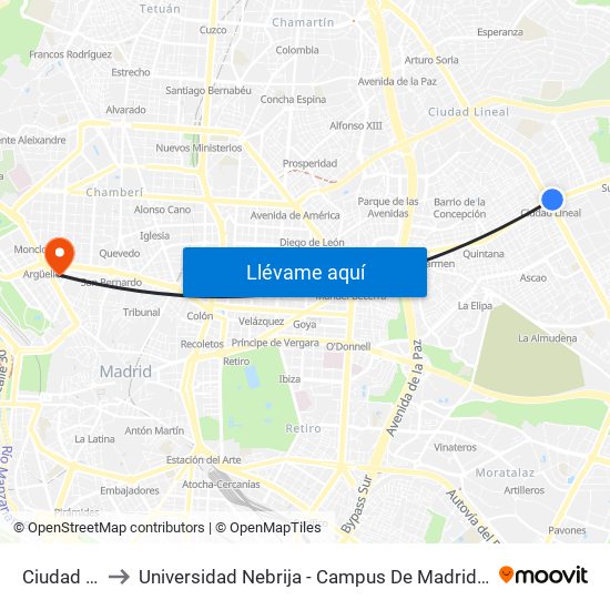 Ciudad Lineal to Universidad Nebrija - Campus De Madrid-Princesa - Edificio D map