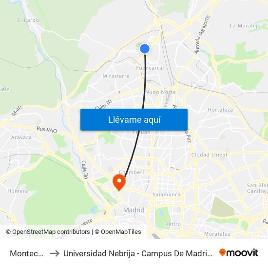 Montecarmelo to Universidad Nebrija - Campus De Madrid-Princesa - Edificio D map