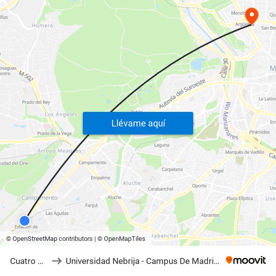 Cuatro Vientos to Universidad Nebrija - Campus De Madrid-Princesa - Edificio D map