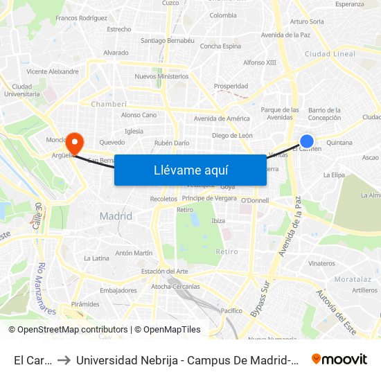 El Carmen to Universidad Nebrija - Campus De Madrid-Princesa - Edificio D map
