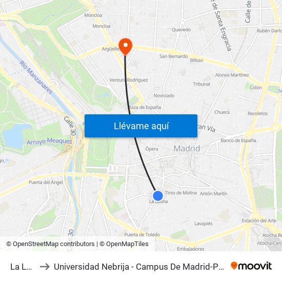 La Latina to Universidad Nebrija - Campus De Madrid-Princesa - Edificio D map
