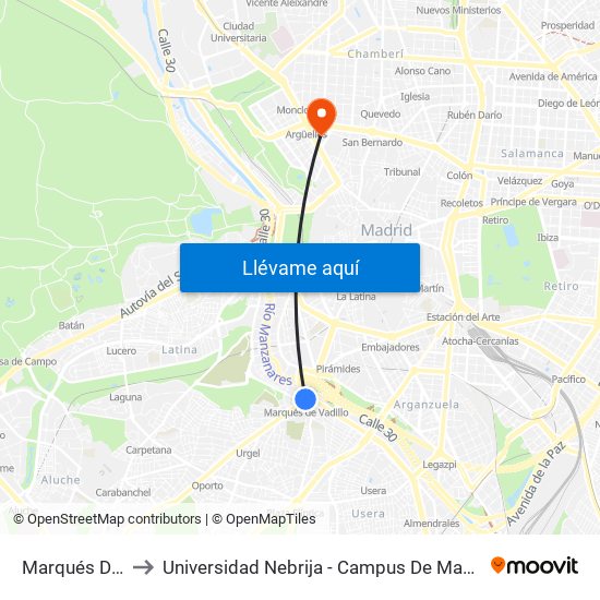 Marqués De Vadillo to Universidad Nebrija - Campus De Madrid-Princesa - Edificio D map