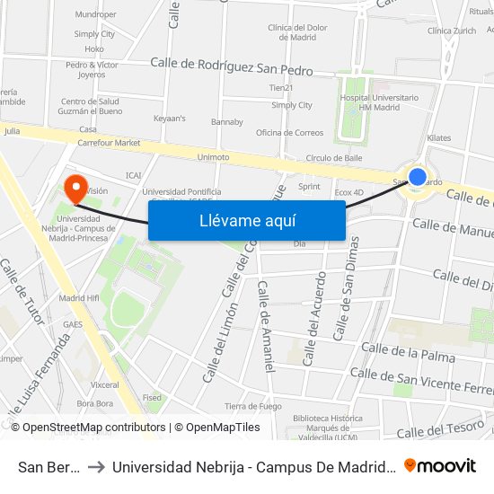San Bernardo to Universidad Nebrija - Campus De Madrid-Princesa - Edificio D map