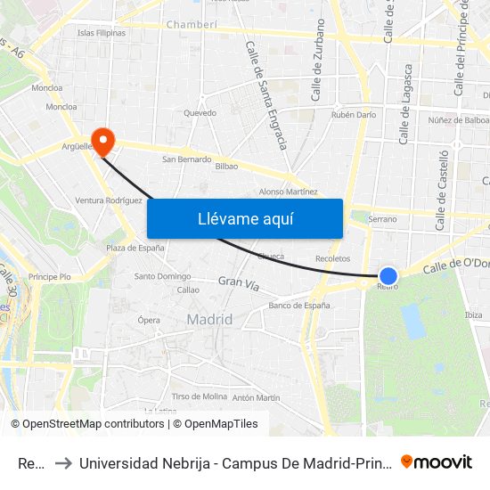 Retiro to Universidad Nebrija - Campus De Madrid-Princesa - Edificio D map