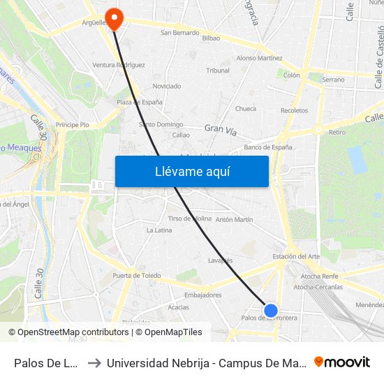 Palos De La Frontera to Universidad Nebrija - Campus De Madrid-Princesa - Edificio D map