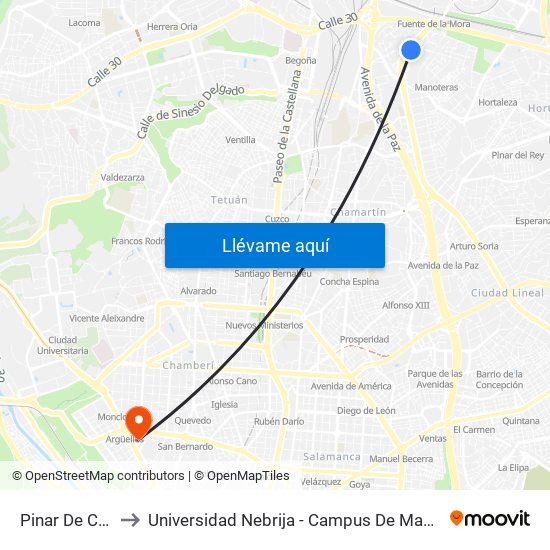 Pinar De Chamartín to Universidad Nebrija - Campus De Madrid-Princesa - Edificio D map