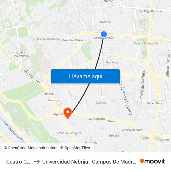 Cuatro Caminos to Universidad Nebrija - Campus De Madrid-Princesa - Edificio D map