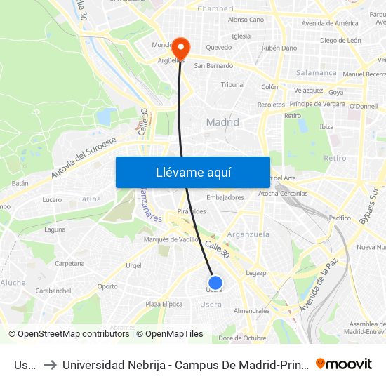 Usera to Universidad Nebrija - Campus De Madrid-Princesa - Edificio D map