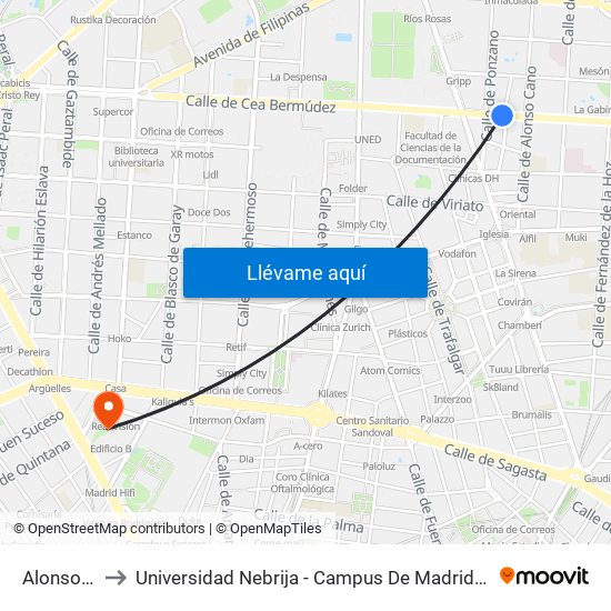 Alonso Cano to Universidad Nebrija - Campus De Madrid-Princesa - Edificio D map