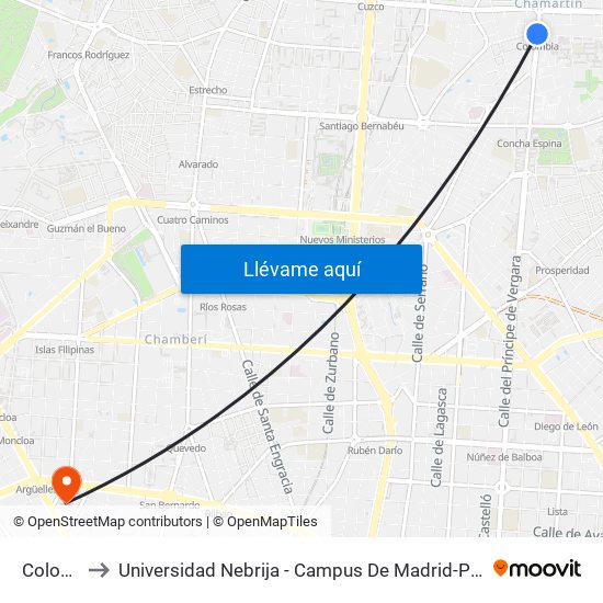 Colombia to Universidad Nebrija - Campus De Madrid-Princesa - Edificio D map