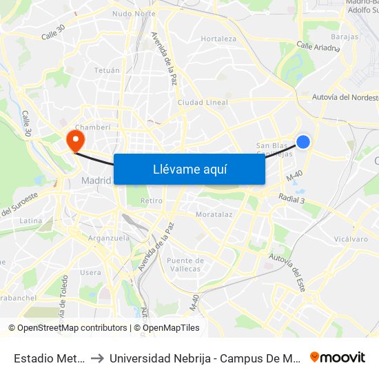 Estadio Metropolitano to Universidad Nebrija - Campus De Madrid-Princesa - Edificio D map