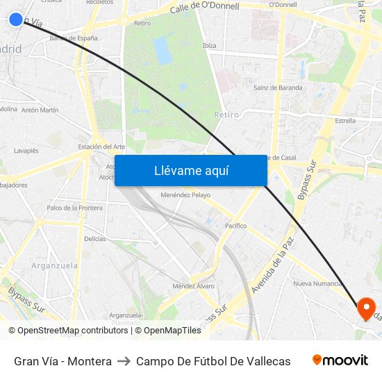 Gran Vía - Montera to Campo De Fútbol De Vallecas map