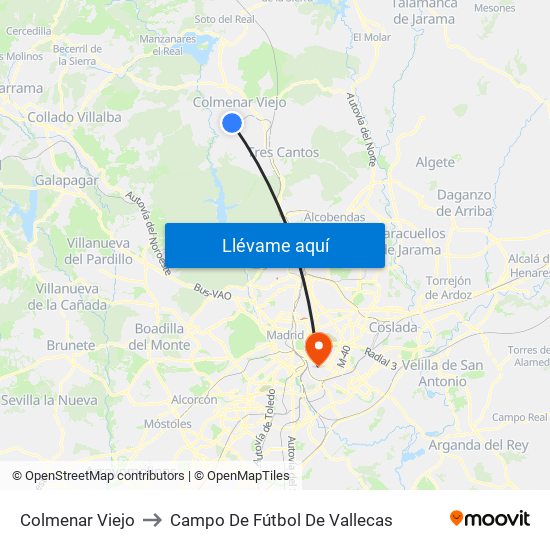 Colmenar Viejo to Campo De Fútbol De Vallecas map