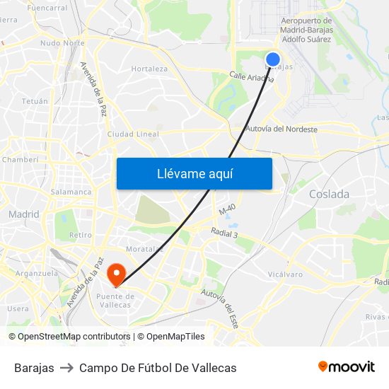 Barajas to Campo De Fútbol De Vallecas map