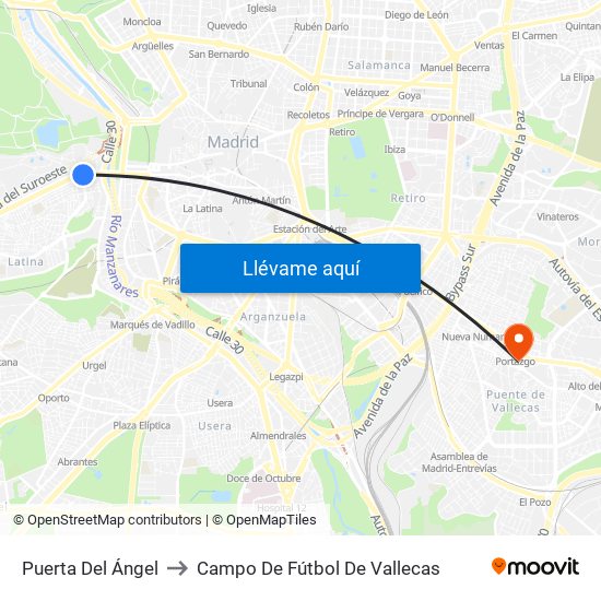 Puerta Del Ángel to Campo De Fútbol De Vallecas map