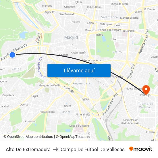 Alto De Extremadura to Campo De Fútbol De Vallecas map