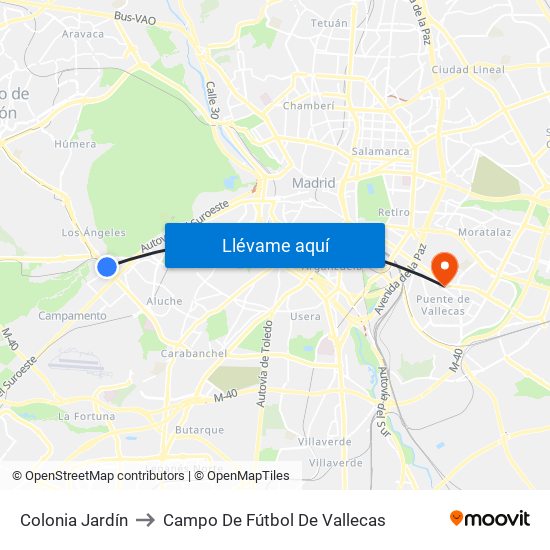 Colonia Jardín to Campo De Fútbol De Vallecas map