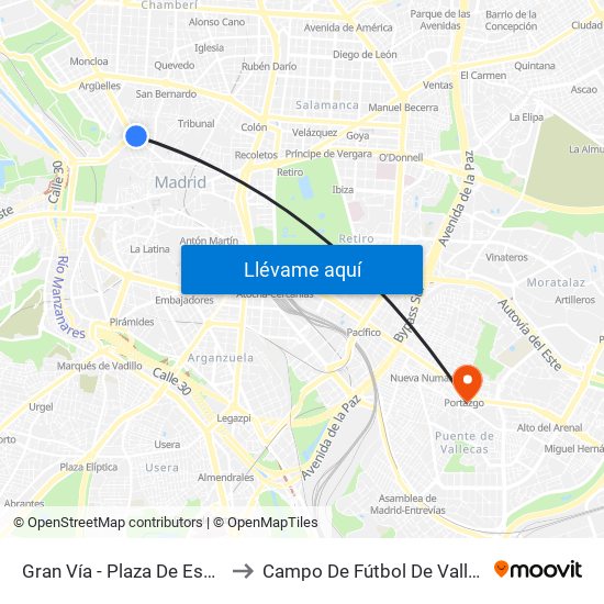 Gran Vía - Plaza De España to Campo De Fútbol De Vallecas map