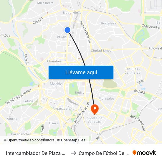 Intercambiador De Plaza De Castilla to Campo De Fútbol De Vallecas map
