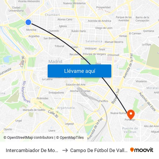 Intercambiador De Moncloa to Campo De Fútbol De Vallecas map