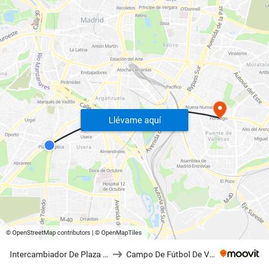 Intercambiador De Plaza Elíptica to Campo De Fútbol De Vallecas map