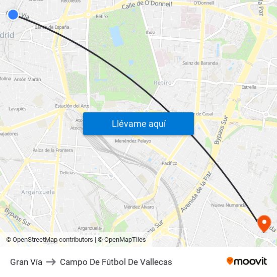 Gran Vía to Campo De Fútbol De Vallecas map
