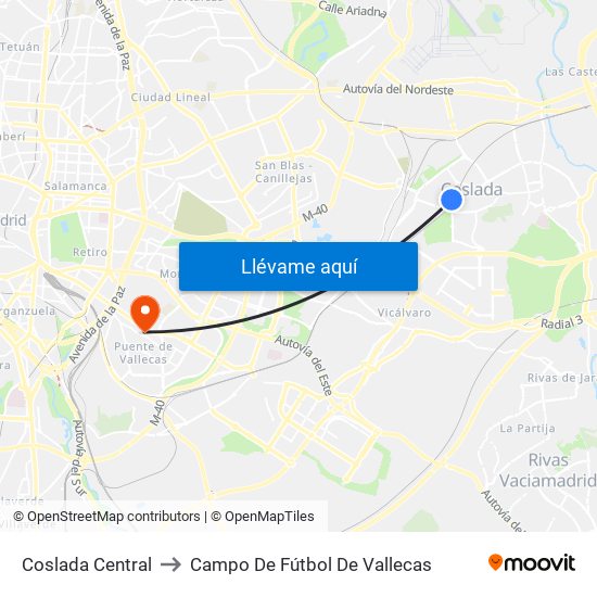 Coslada Central to Campo De Fútbol De Vallecas map