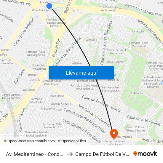 Av. Mediterráneo - Conde Casal to Campo De Fútbol De Vallecas map