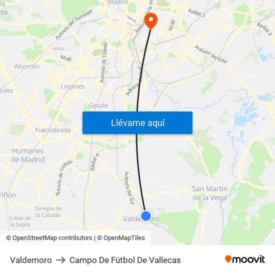 Valdemoro to Campo De Fútbol De Vallecas map
