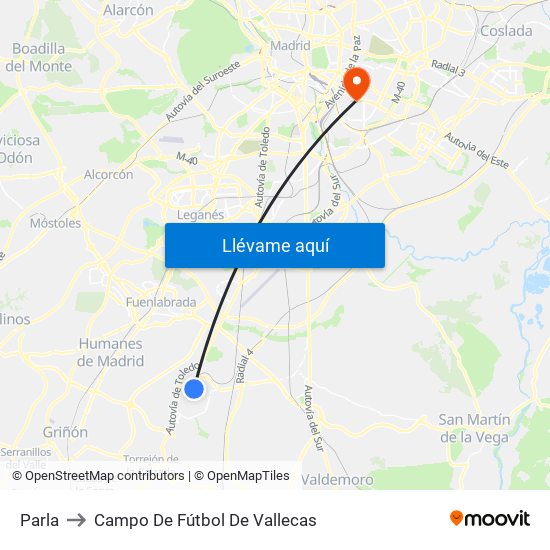 Parla to Campo De Fútbol De Vallecas map