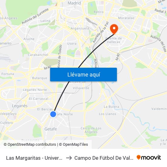 Las Margaritas - Universidad to Campo De Fútbol De Vallecas map