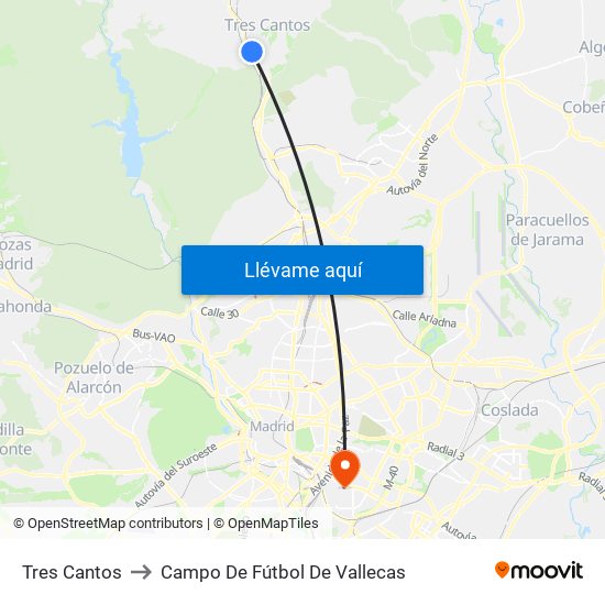 Tres Cantos to Campo De Fútbol De Vallecas map