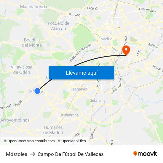 Móstoles to Campo De Fútbol De Vallecas map