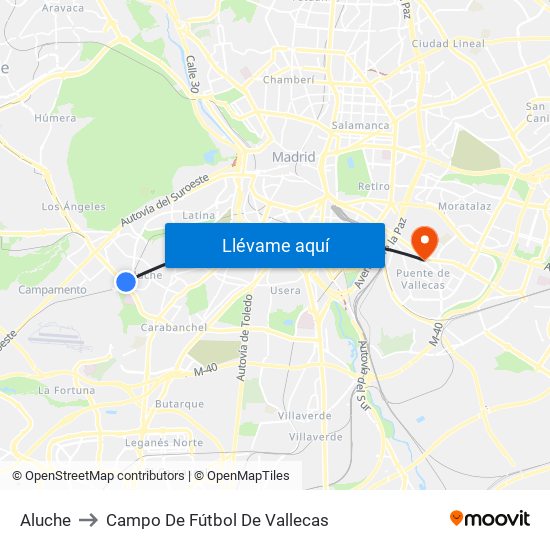 Aluche to Campo De Fútbol De Vallecas map