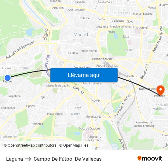 Laguna to Campo De Fútbol De Vallecas map