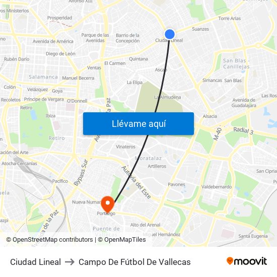 Ciudad Lineal to Campo De Fútbol De Vallecas map