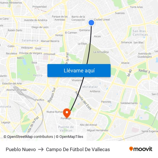 Pueblo Nuevo to Campo De Fútbol De Vallecas map