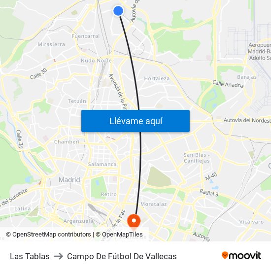 Las Tablas to Campo De Fútbol De Vallecas map