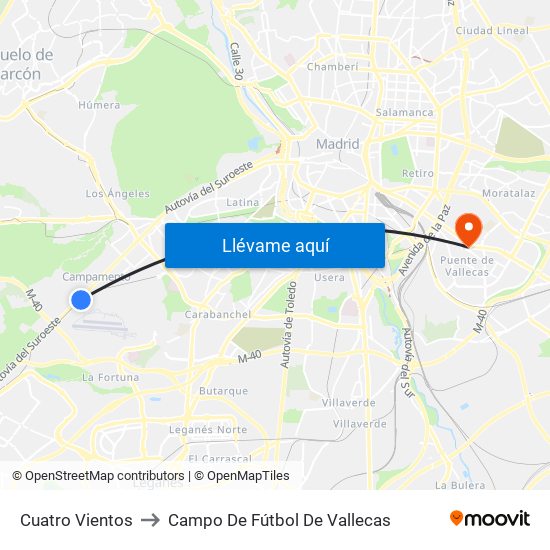 Cuatro Vientos to Campo De Fútbol De Vallecas map