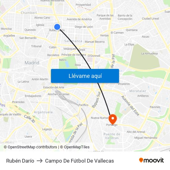 Rubén Darío to Campo De Fútbol De Vallecas map