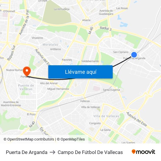 Puerta De Arganda to Campo De Fútbol De Vallecas map